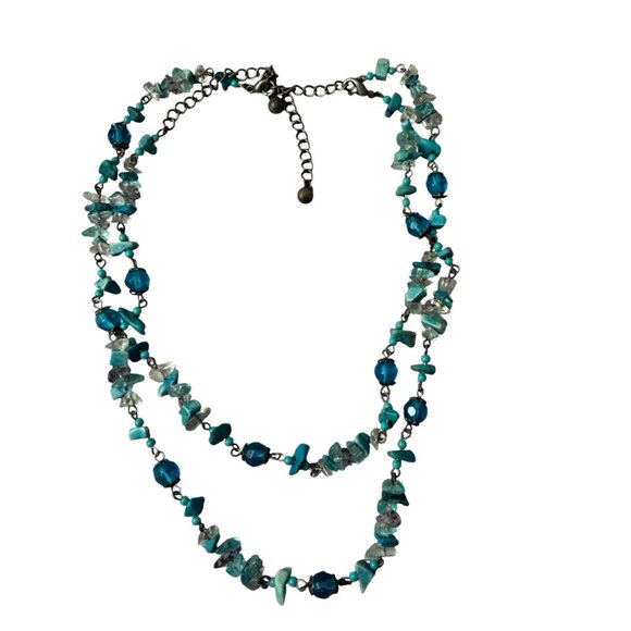 Faux Turquoise Blue Gemstone Chip Bead Necklace Double Strand Boho Layered - Picture 2 of 6